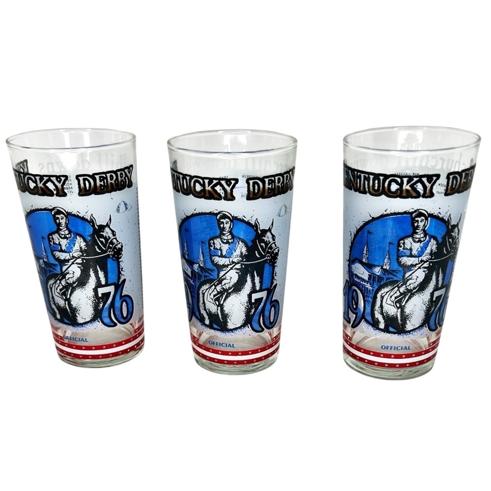 1976 Kentucky Derby Glasses Mint Julep Set of 3 Official Souvenir Harry Stevens - Picture 2 of 16